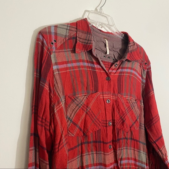 Free People Wesley Red Plaid Botton Front Shirt S - Picture 9 of 12